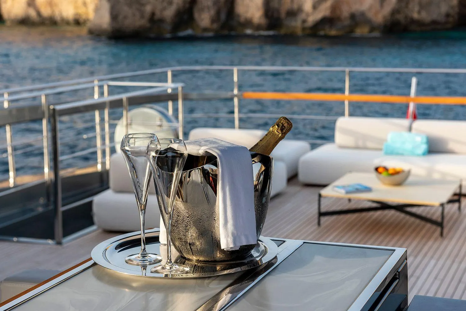 Champagne service on a yacht deck